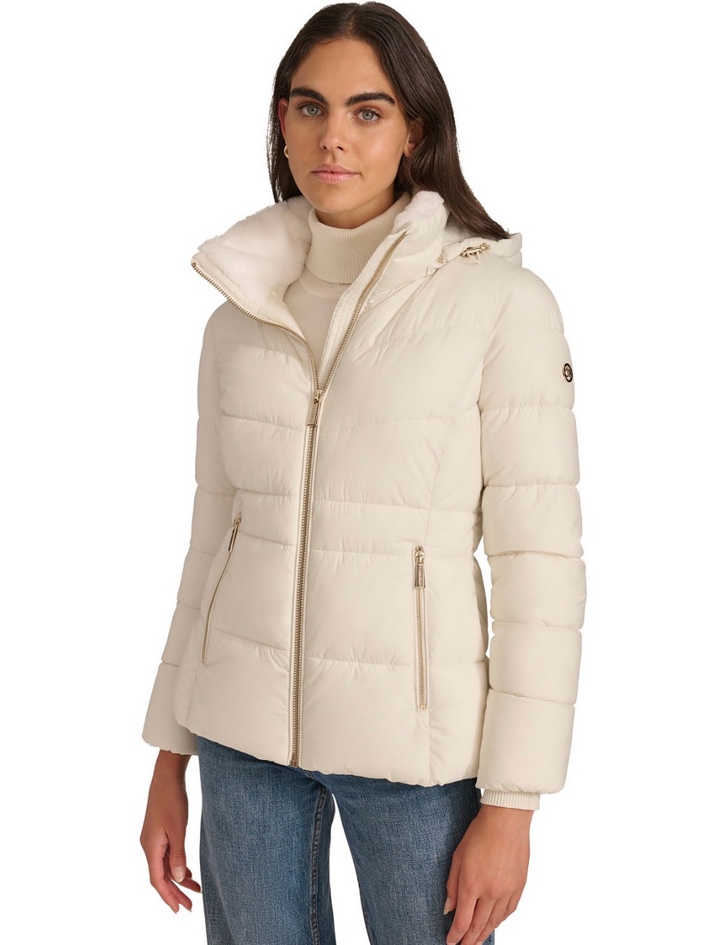 Calvin Klein NWT Eggshell Faux Fur Puffer Jacket XXL Detachable Hood 5°F